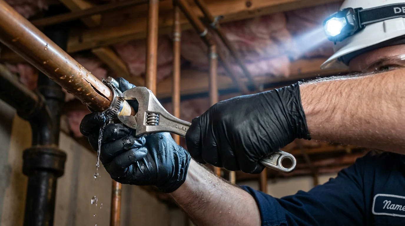 Emergency pipe clamp repair being performed by a Johns Plumbing LLC plumber in Monahans
