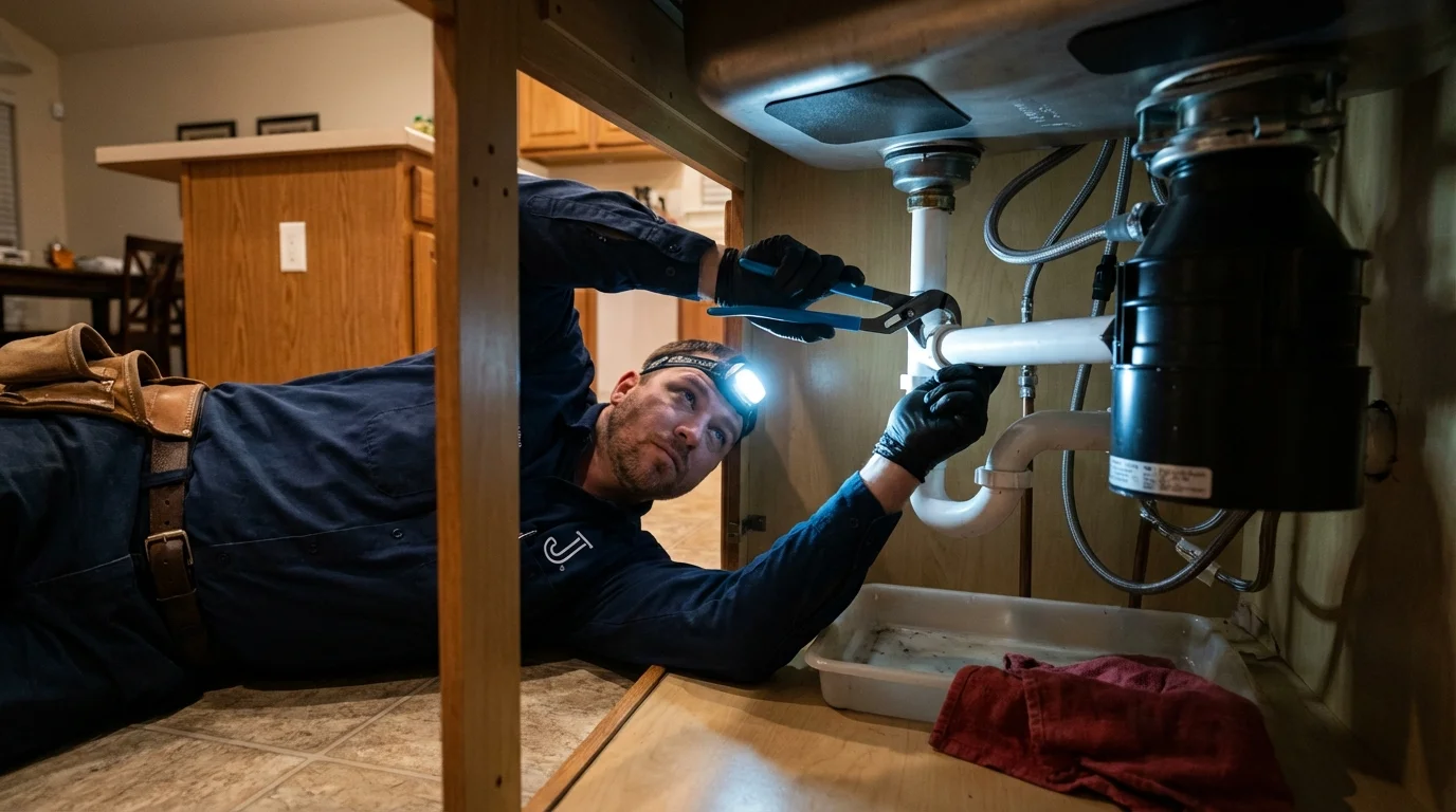 P-trap and supply line connections under a kitchen sink showing a common leak point in Monahans, TX